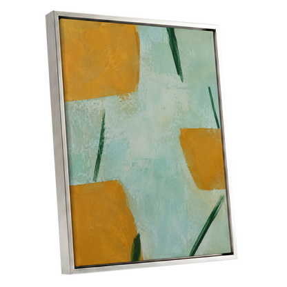 Ochre Intervals, yellow, green, blue abstract wall art shown as a silver framed canvas wall art