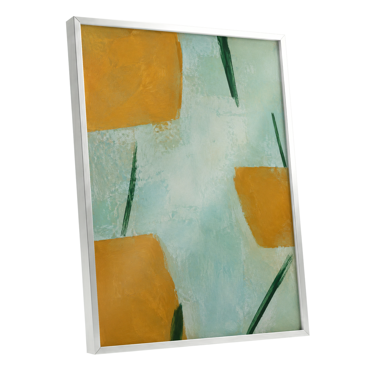 Ochre Intervals, yellow, green, blue abstract wall art shown as a silver framed poster wall art print