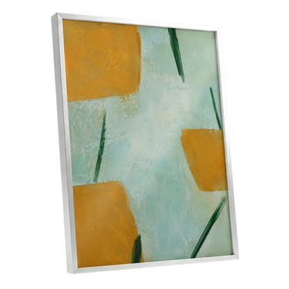 Ochre Intervals, yellow, green, blue abstract wall art shown as a silver framed poster wall art print
