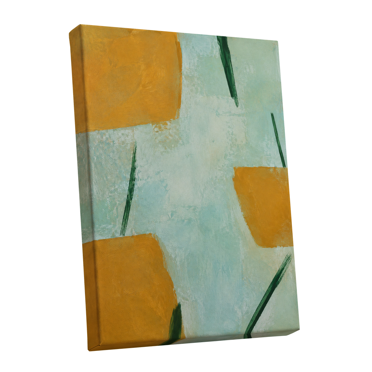 Ochre Intervals, yellow, green, blue abstract wall art shown as a stretched canvas wall art