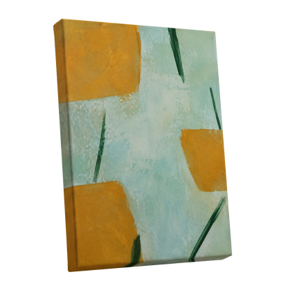 Ochre Intervals, yellow, green, blue abstract wall art shown as a stretched canvas wall art