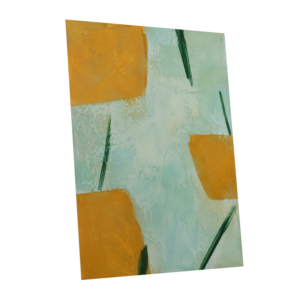 Ochre Intervals, yellow, green, blue abstract wall art shown as a unframed poster wall art print