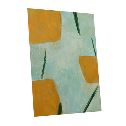 Ochre Intervals, yellow, green, blue abstract wall art shown as a unframed poster wall art print