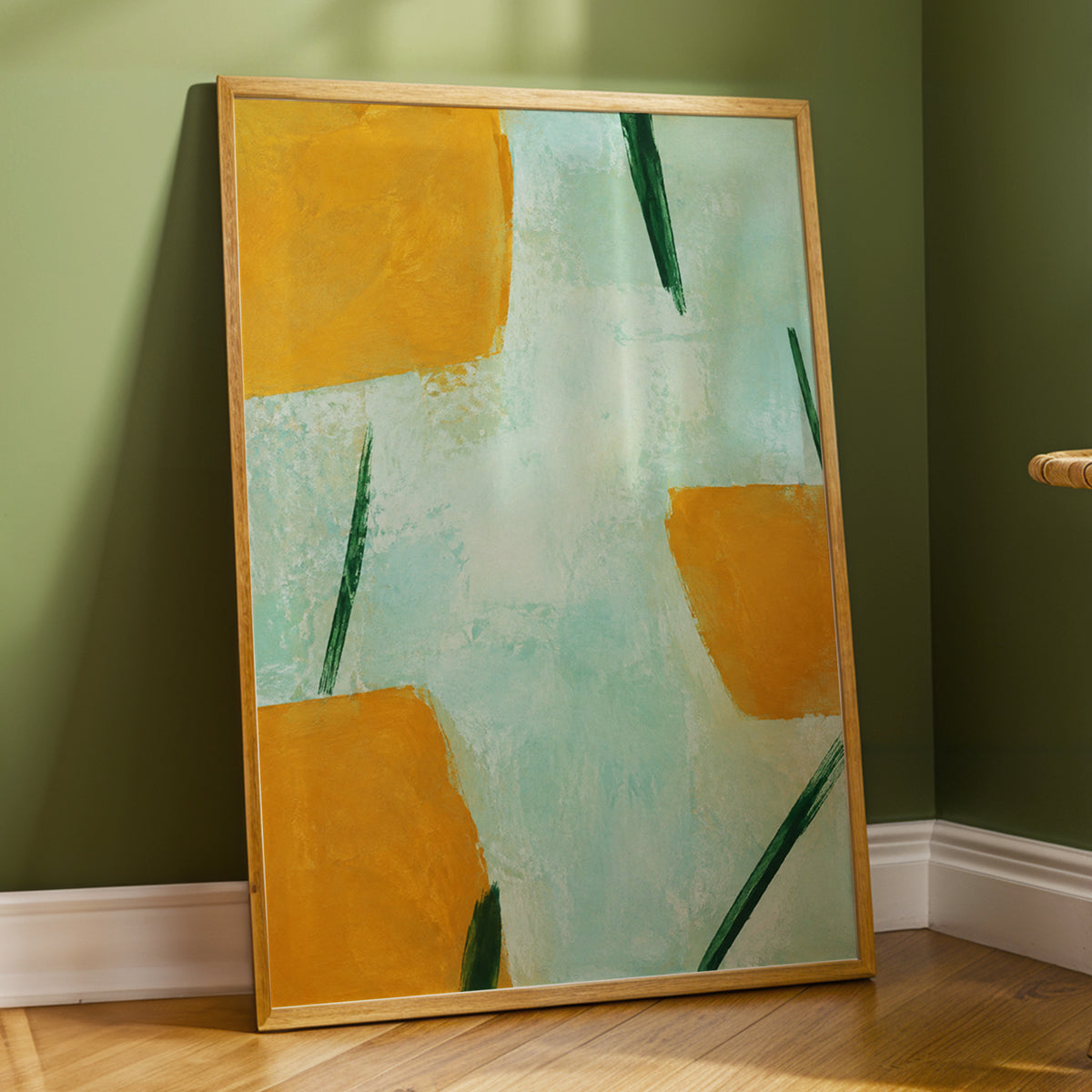 Ochre Intervals, yellow, green, blue abstract wall art displayed in a styled interior, gallery view 2