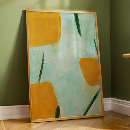 Ochre Intervals, yellow, green, blue abstract wall art displayed in a styled interior, gallery view 2