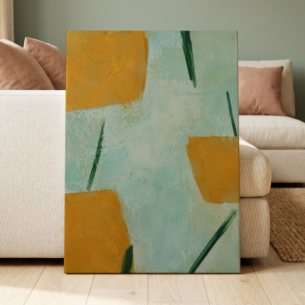 Ochre Intervals, yellow, green, blue abstract wall art displayed in a styled interior, gallery view 3