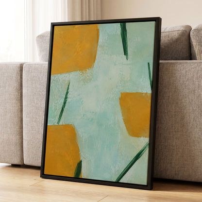 Ochre Intervals, yellow, green, blue abstract wall art displayed in a styled interior, gallery view 4