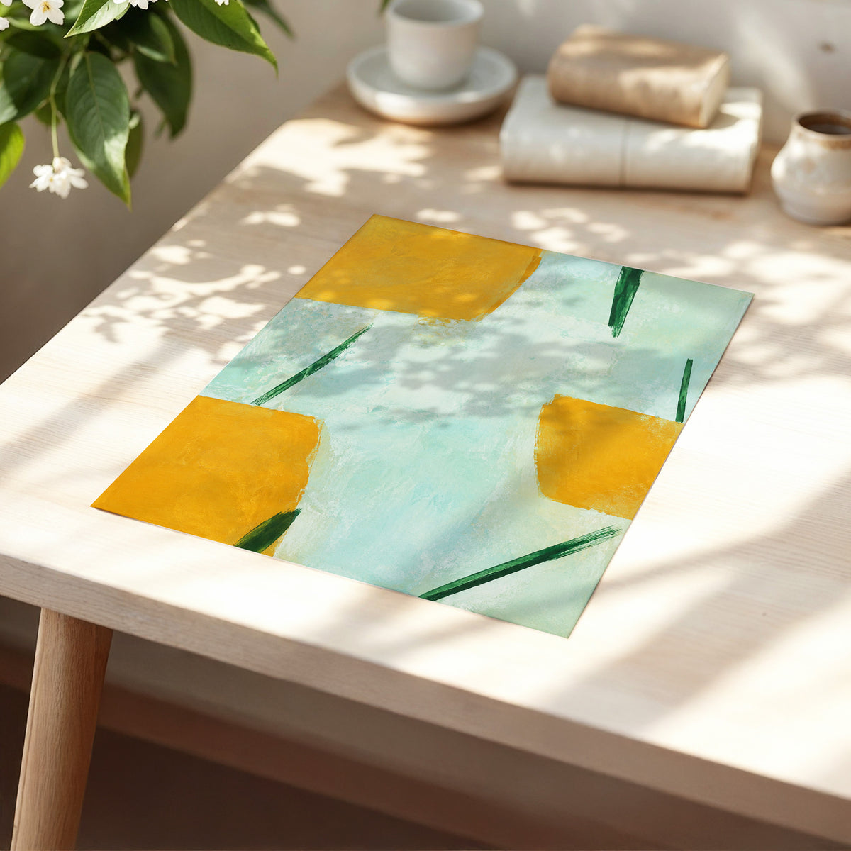 Ochre Intervals, yellow, green, blue abstract wall art displayed in a styled interior, gallery view 5