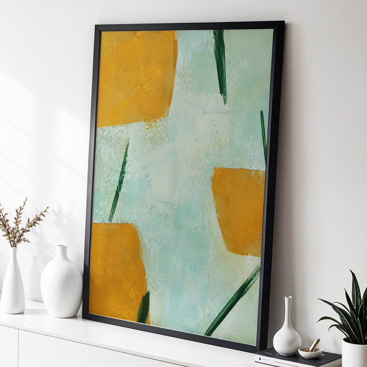 Ochre Intervals, yellow, green, blue abstract wall art displayed in a styled interior, gallery view 6