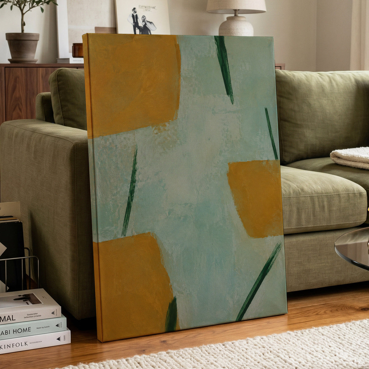 Ochre Intervals, yellow, green, blue abstract wall art displayed in a styled interior, gallery view 7