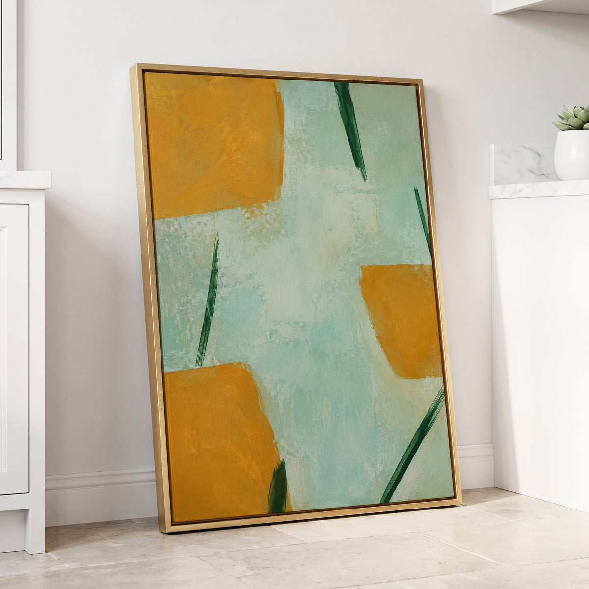 Ochre Intervals, yellow, green, blue abstract wall art displayed in a styled interior, gallery view 8