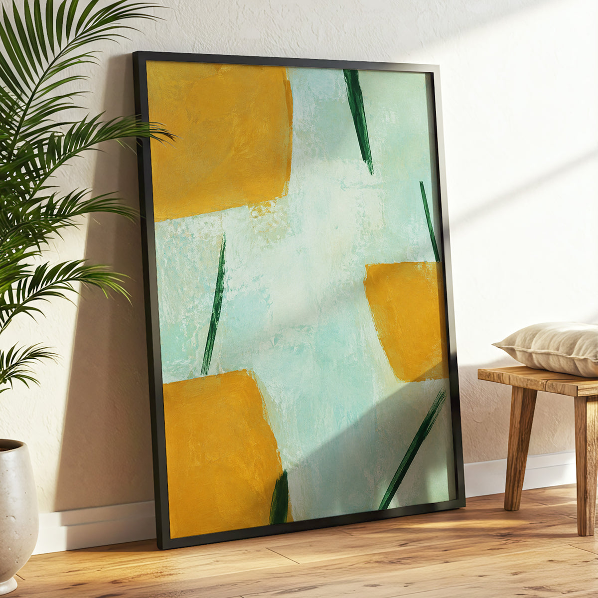 Ochre Intervals, yellow, green, blue abstract wall art displayed in a styled interior, gallery view 9