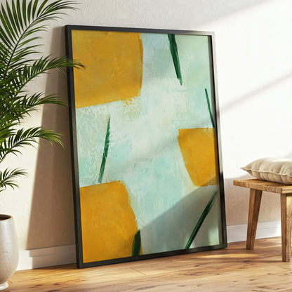 Ochre Intervals, yellow, green, blue abstract wall art displayed in a styled interior, gallery view 9
