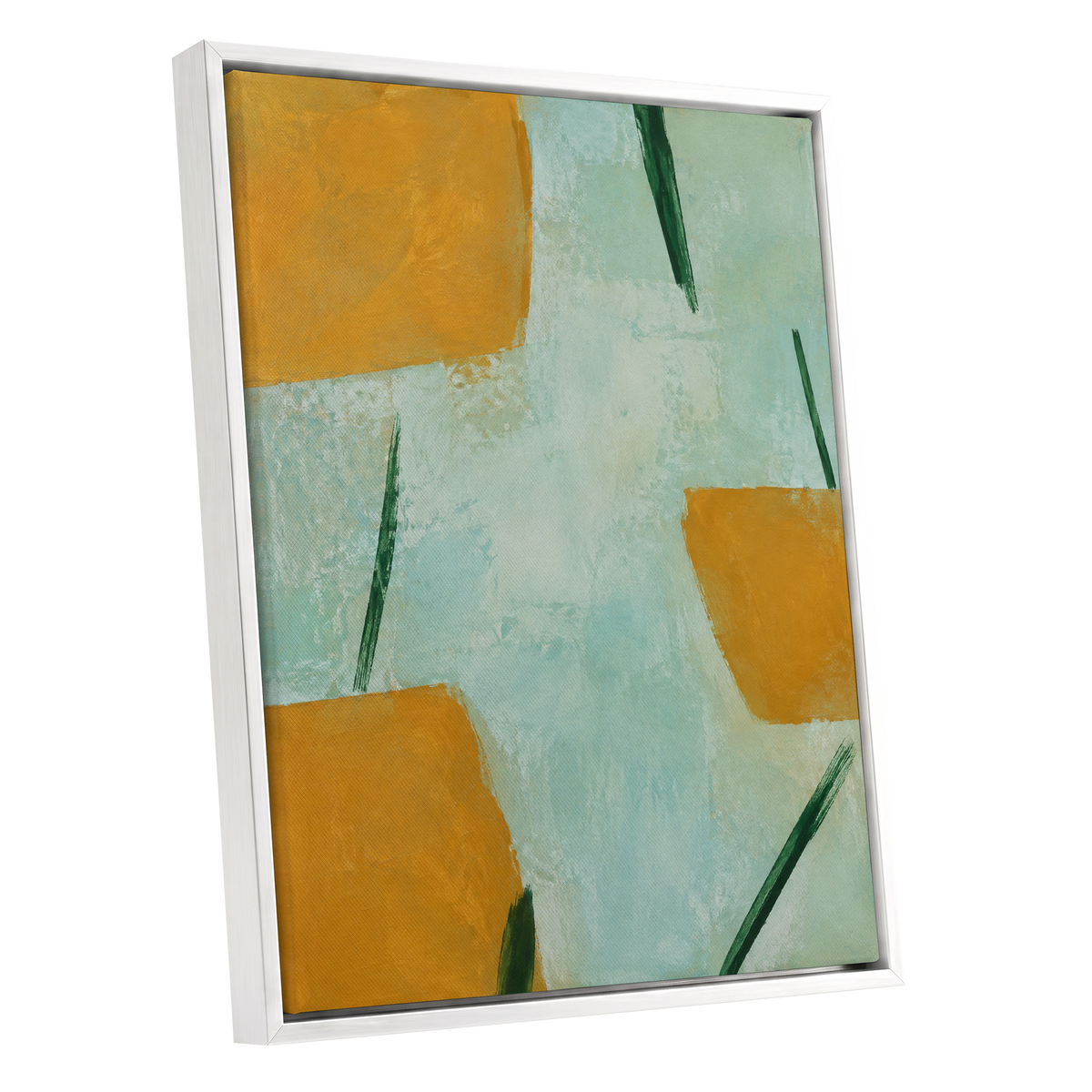 Ochre Intervals, yellow, green, blue abstract wall art shown as a white framed canvas wall art