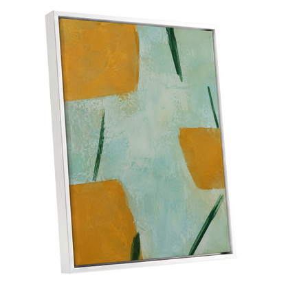 Ochre Intervals, yellow, green, blue abstract wall art shown as a white framed canvas wall art