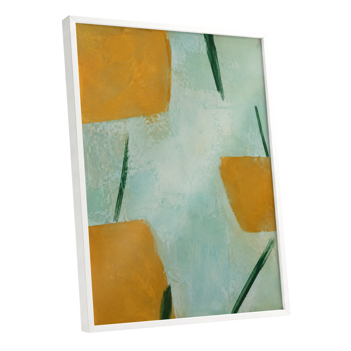 Ochre Intervals, yellow, green, blue abstract wall art shown as a white framed poster wall art print