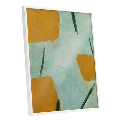 Ochre Intervals, yellow, green, blue abstract wall art shown as a white framed poster wall art print