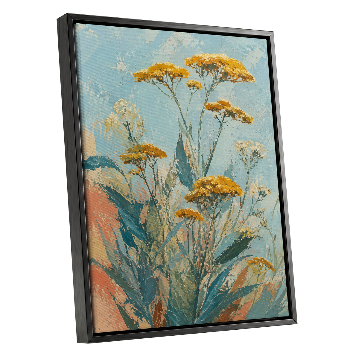 Ochre Meadow, blue, green, yellow floral wall art shown as a black framed canvas wall art