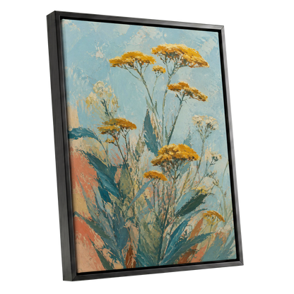 Ochre Meadow, blue, green, yellow floral wall art shown as a black framed canvas wall art