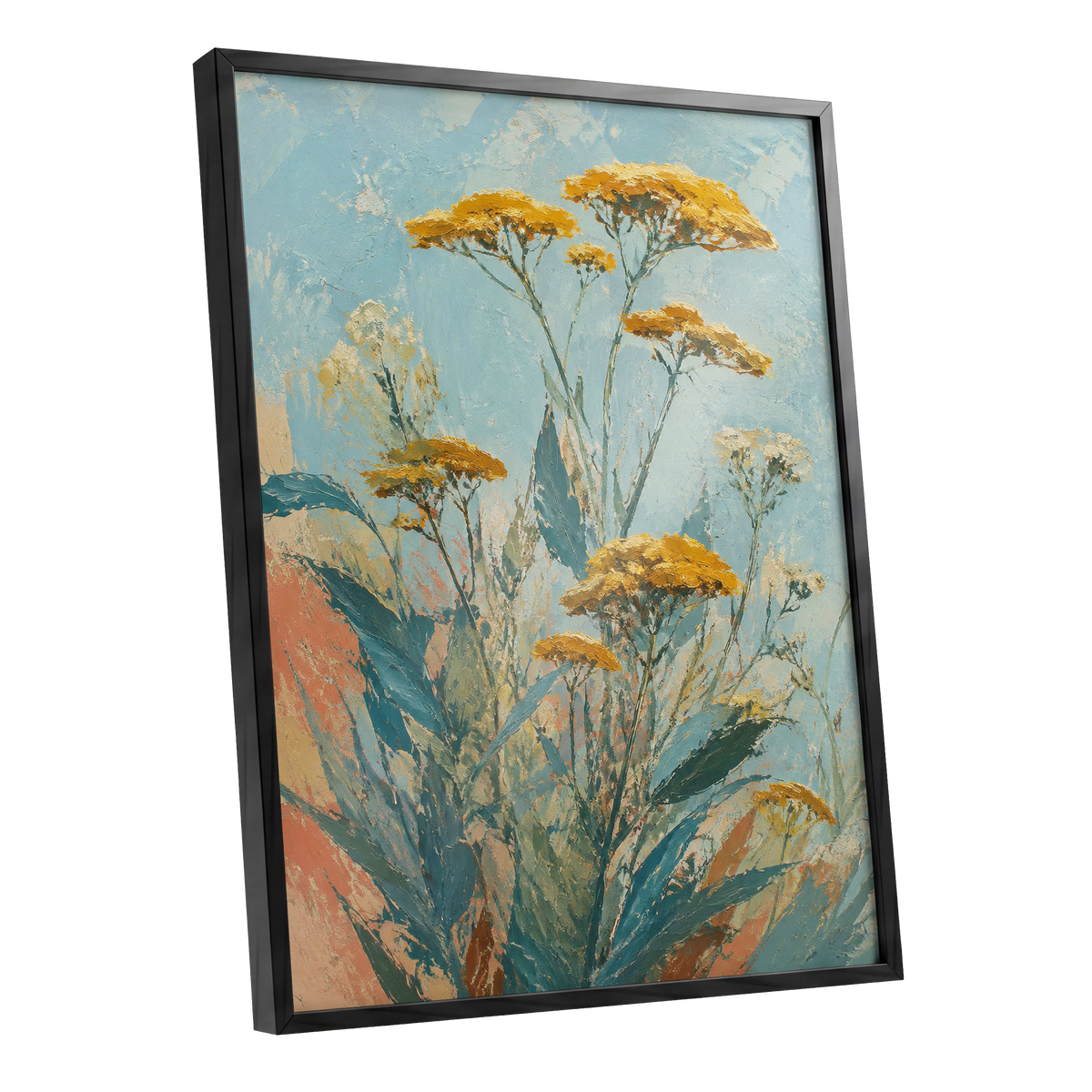 Ochre Meadow, blue, green, yellow floral wall art shown as a black framed poster wall art print