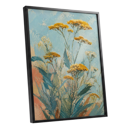 Ochre Meadow, blue, green, yellow floral wall art shown as a black framed poster wall art print