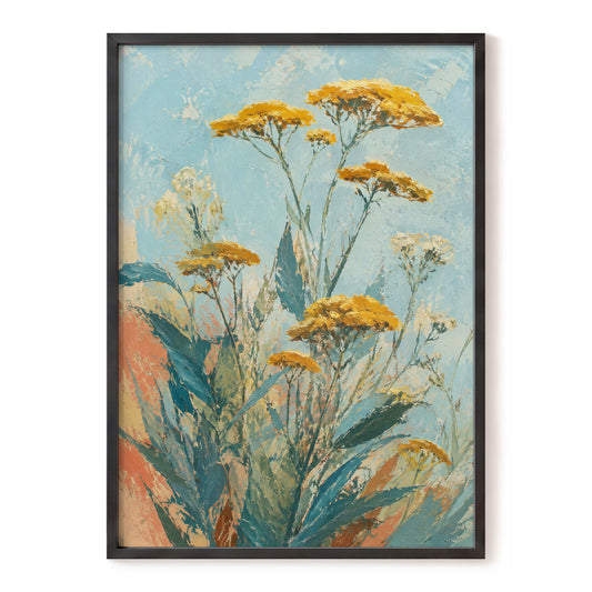 Ochre Meadow, blue, green, yellow floral wall art, front artwork view
