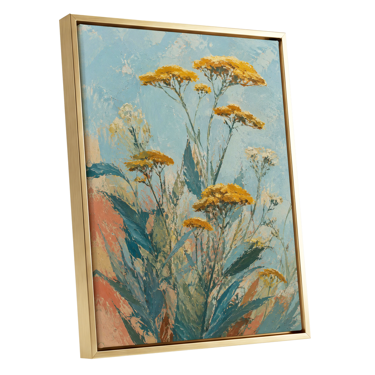 Ochre Meadow, blue, green, yellow floral wall art shown as a gold framed canvas wall art