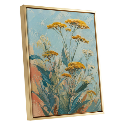 Ochre Meadow, blue, green, yellow floral wall art shown as a gold framed canvas wall art
