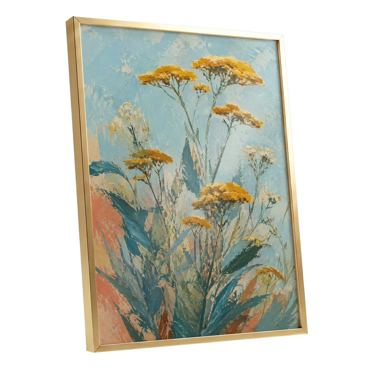 Ochre Meadow, blue, green, yellow floral wall art shown as a gold framed poster wall art print