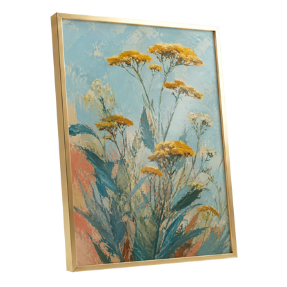 Ochre Meadow, blue, green, yellow floral wall art shown as a gold framed poster wall art print