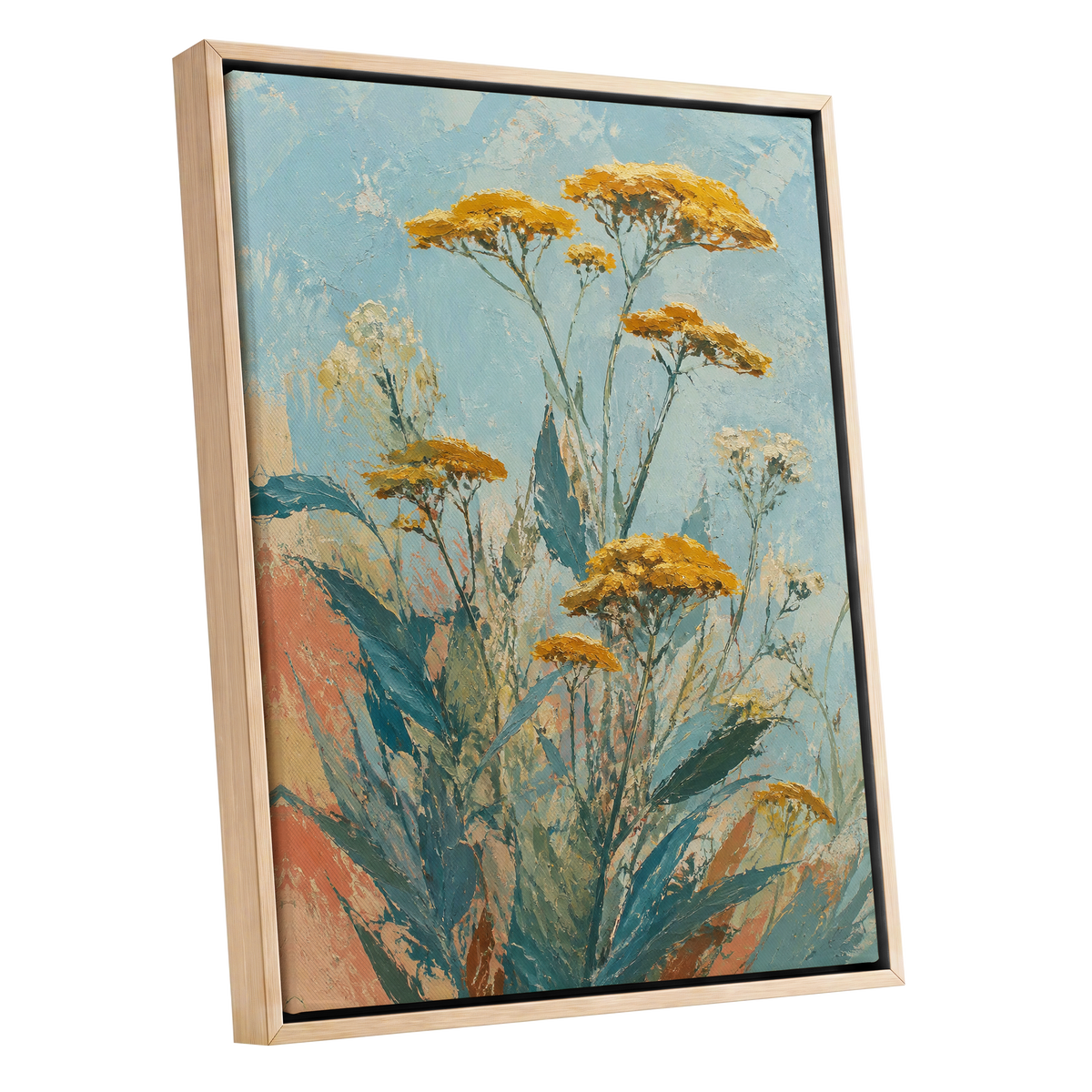 Ochre Meadow, blue, green, yellow floral wall art shown as a oak framed canvas wall art