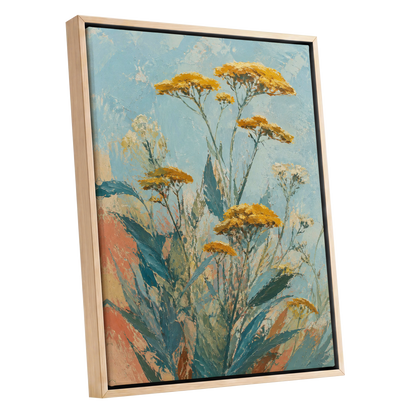 Ochre Meadow, blue, green, yellow floral wall art shown as a oak framed canvas wall art