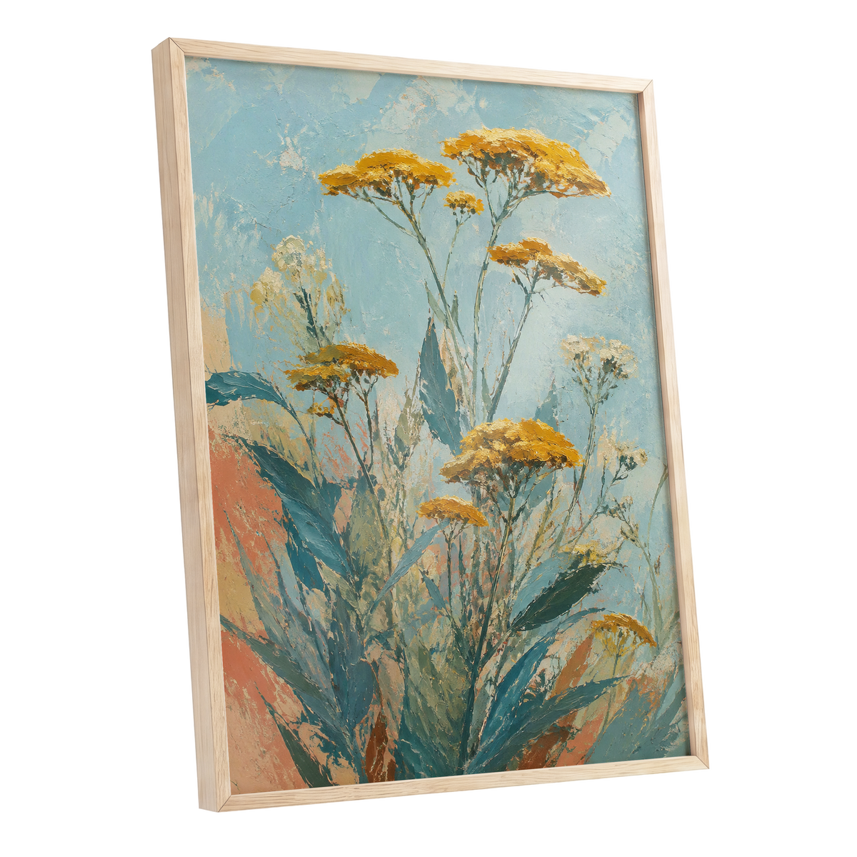 Ochre Meadow, blue, green, yellow floral wall art shown as a oak framed poster wall art print