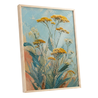 Ochre Meadow, blue, green, yellow floral wall art shown as a oak framed poster wall art print