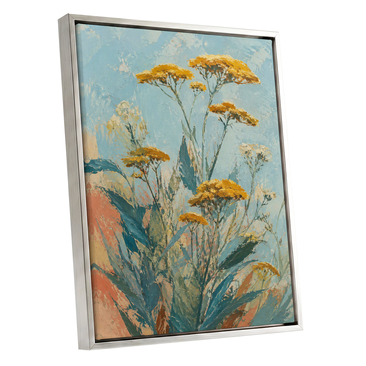 Ochre Meadow, blue, green, yellow floral wall art shown as a silver framed canvas wall art
