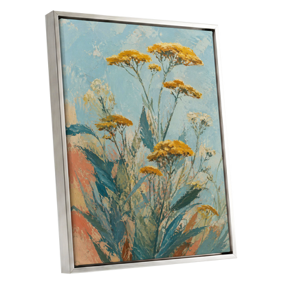 Ochre Meadow, blue, green, yellow floral wall art shown as a silver framed canvas wall art