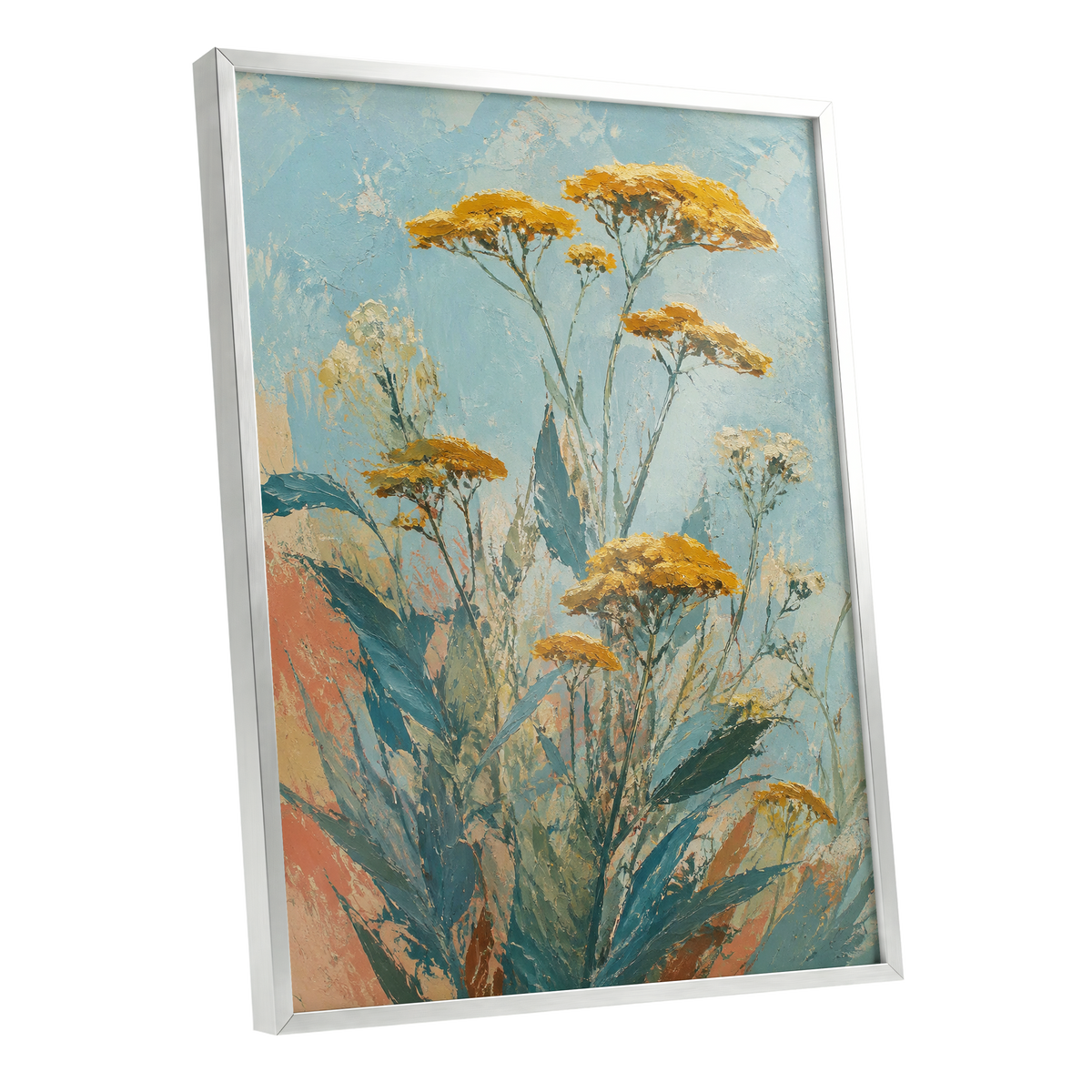 Ochre Meadow, blue, green, yellow floral wall art shown as a silver framed poster wall art print