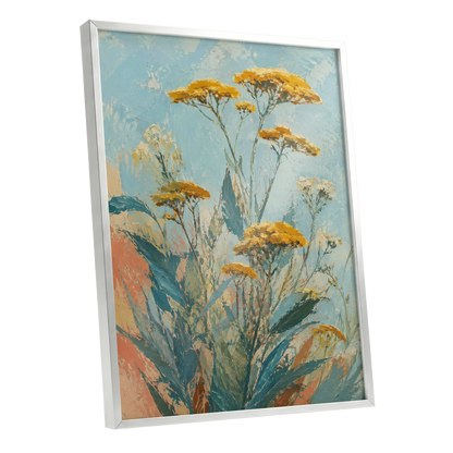 Ochre Meadow, blue, green, yellow floral wall art shown as a silver framed poster wall art print