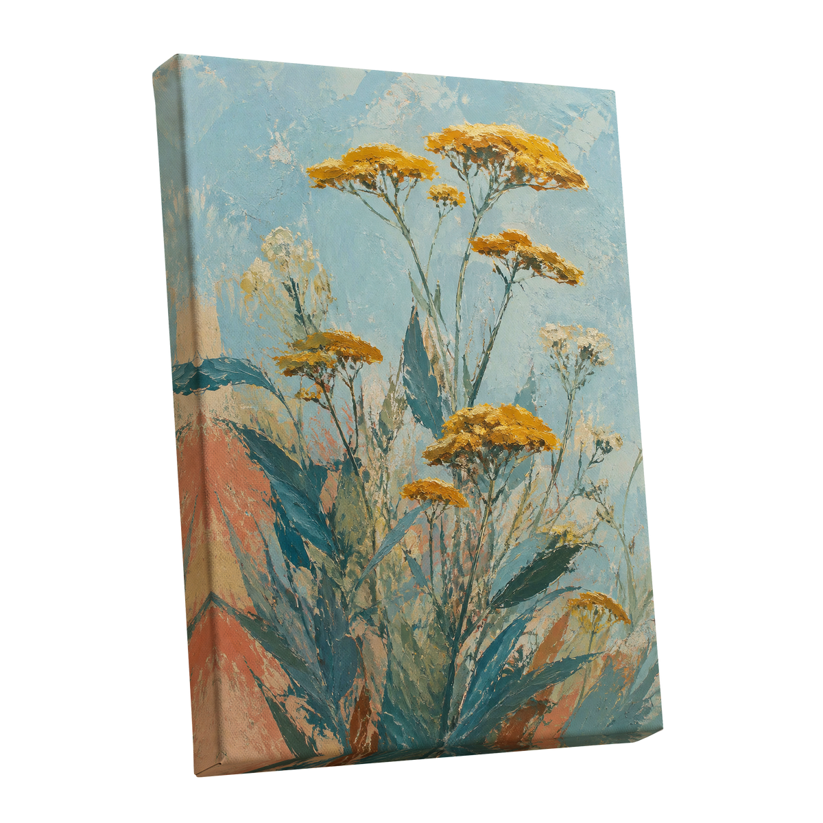 Ochre Meadow, blue, green, yellow floral wall art shown as a stretched canvas wall art