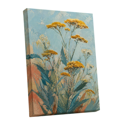 Ochre Meadow, blue, green, yellow floral wall art shown as a stretched canvas wall art