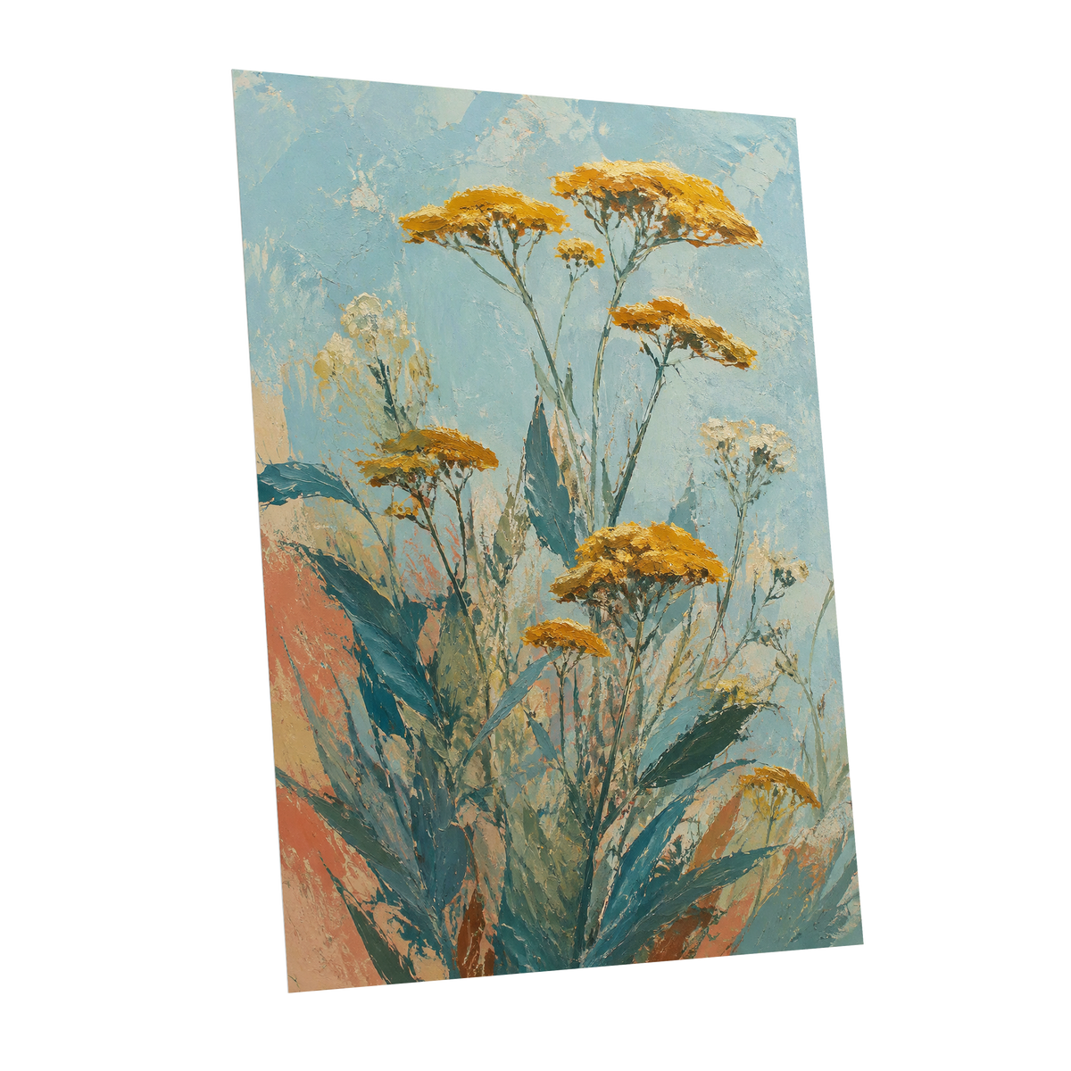 Ochre Meadow, blue, green, yellow floral wall art shown as a unframed poster wall art print