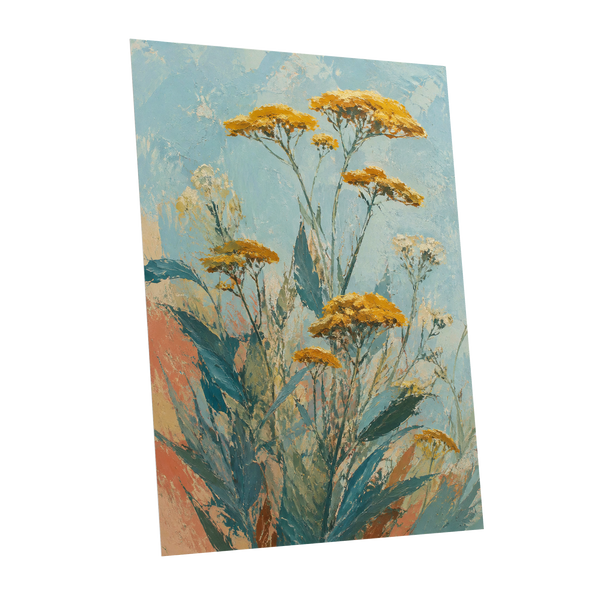 Ochre Meadow, blue, green, yellow floral wall art shown as a unframed poster wall art print