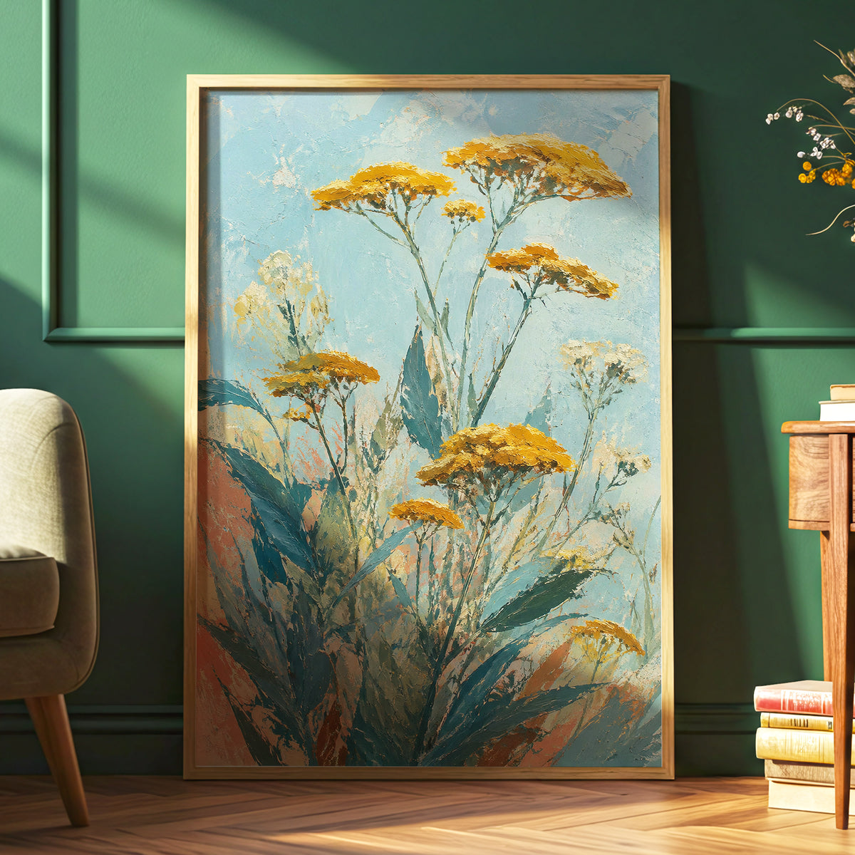 Ochre Meadow, blue, green, yellow floral wall art displayed in a styled interior, gallery view 2