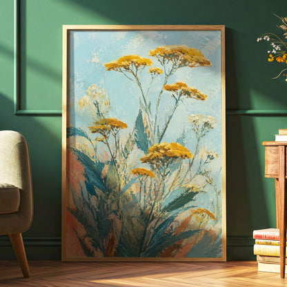 Ochre Meadow, blue, green, yellow floral wall art displayed in a styled interior, gallery view 2