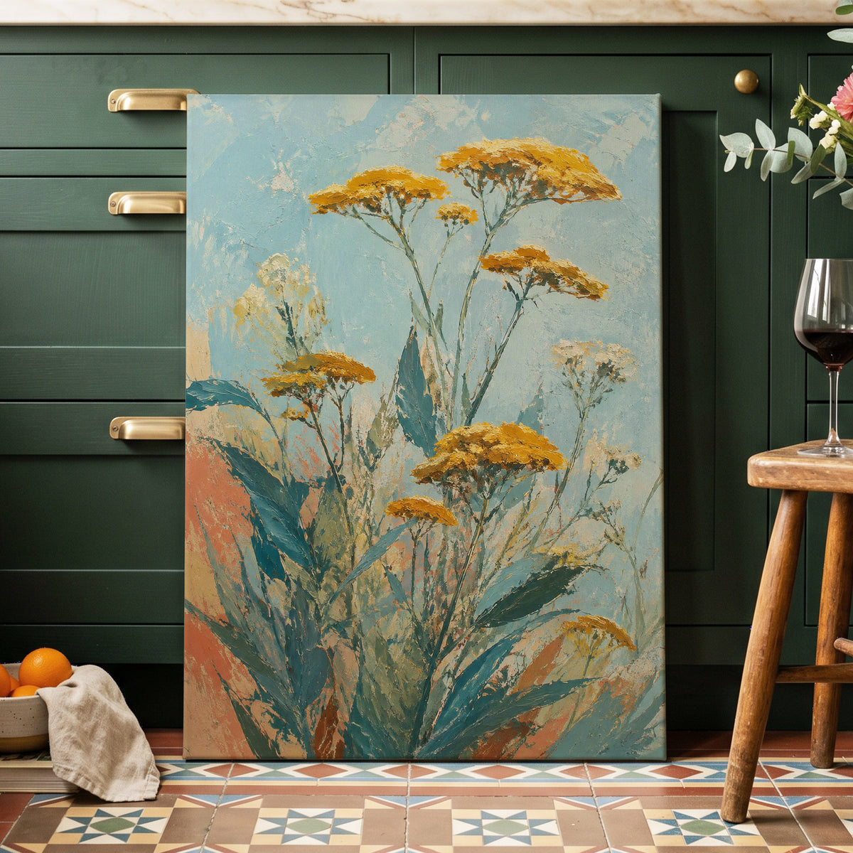 Ochre Meadow, blue, green, yellow floral wall art displayed in a styled interior, gallery view 3
