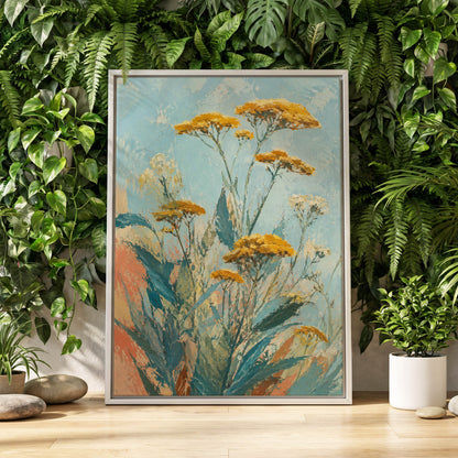 Ochre Meadow, blue, green, yellow floral wall art displayed in a styled interior, gallery view 4