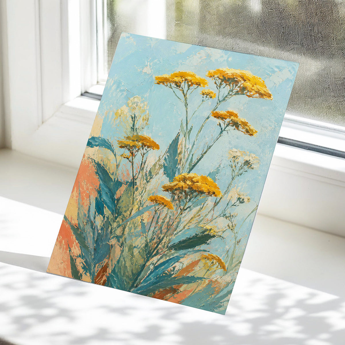 Ochre Meadow, blue, green, yellow floral wall art displayed in a styled interior, gallery view 5