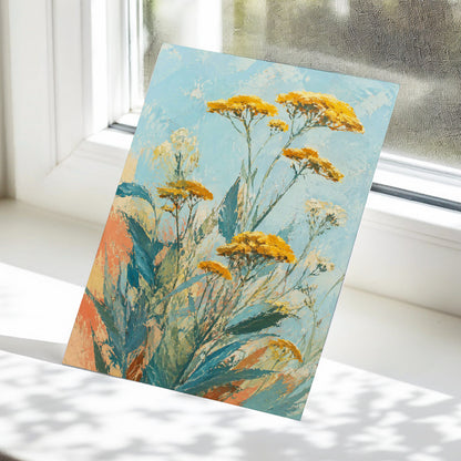 Ochre Meadow, blue, green, yellow floral wall art displayed in a styled interior, gallery view 5