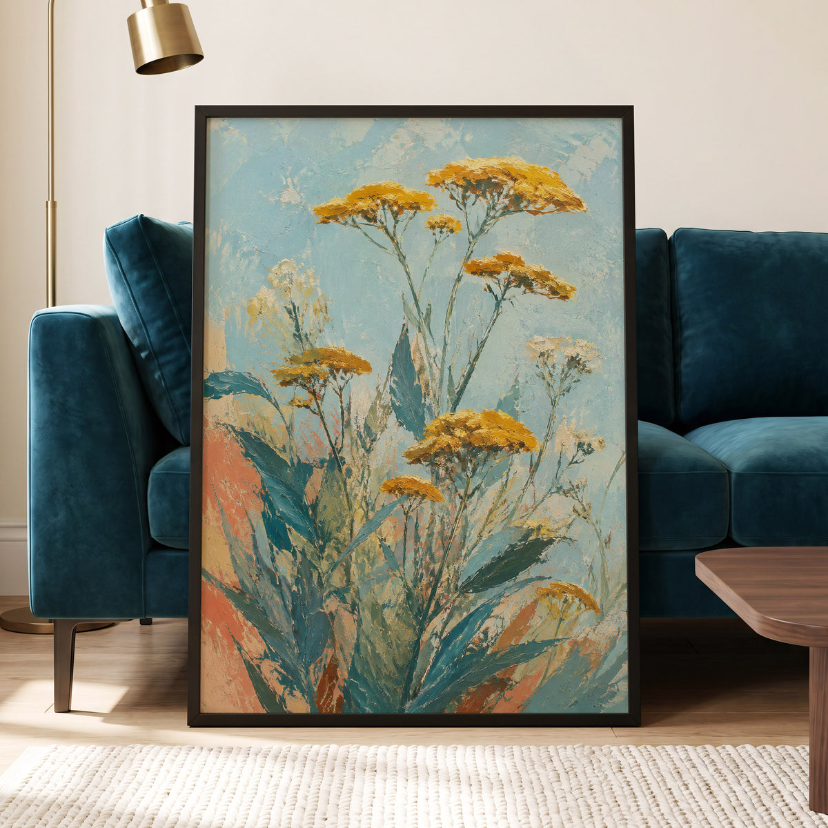 Ochre Meadow, blue, green, yellow floral wall art displayed in a styled interior, gallery view 6