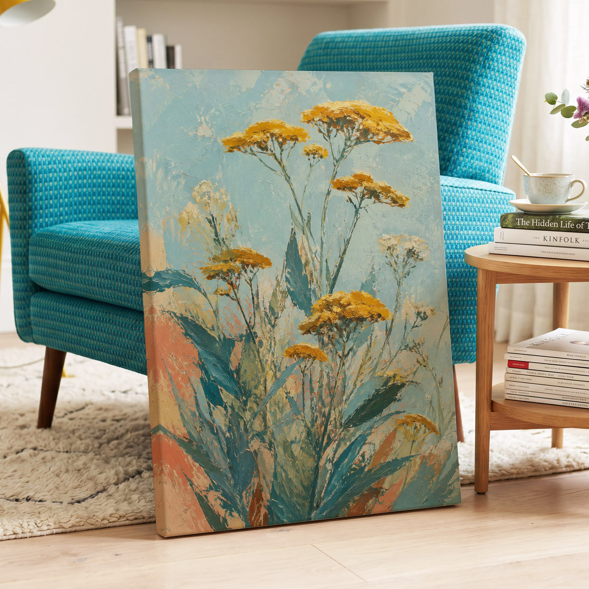Ochre Meadow, blue, green, yellow floral wall art displayed in a styled interior, gallery view 7